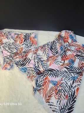 Two Piece, Tropical Leaf Asymmetric Swim Suit White, Orange & Blue